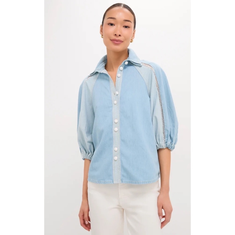 Farm Rio Tuckernuck Denim Bicolor Shirt Light Wash Lace Inset Puff Sleeve S